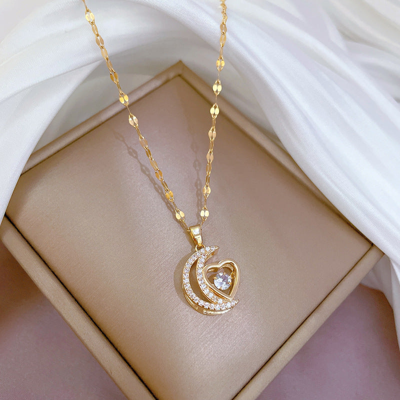 Collar de lujo para mujer con corazón de luna y circonitas incrustadas de acero de titanio