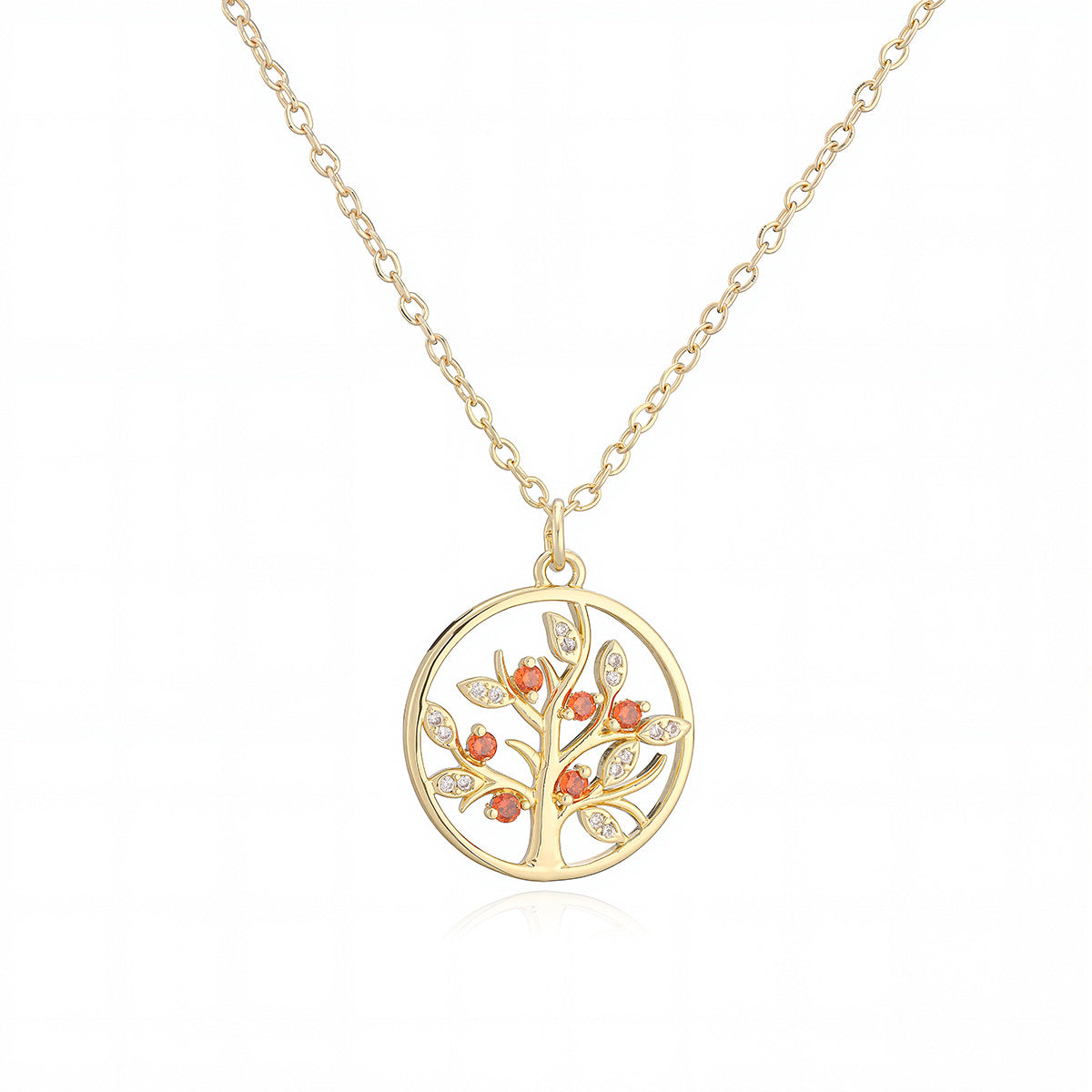 Minimalist Elegant Gold Plated Brass Geometric Tree of Life Pendant Necklace with Cubic Zirconia for Women