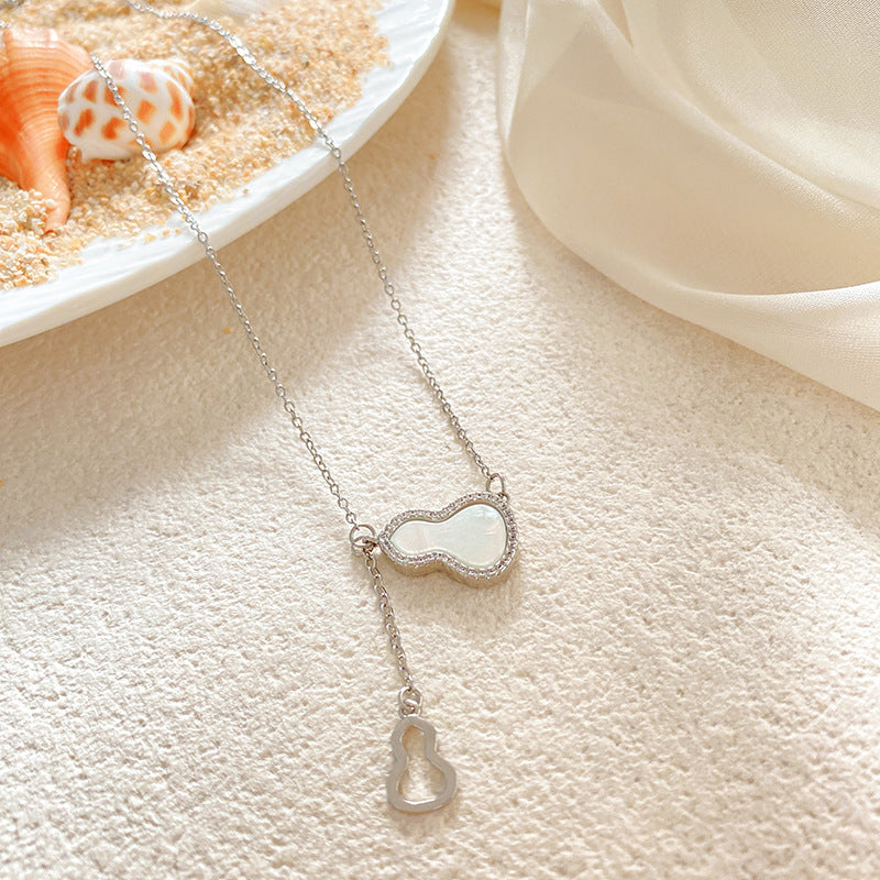 Unique Minimalist Titanium Steel Gourd Pendant Necklace with Shell Inlay and Tassel