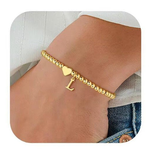 Gold Plated Stainless Steel Heart Letter Charm Bracelet for Women
