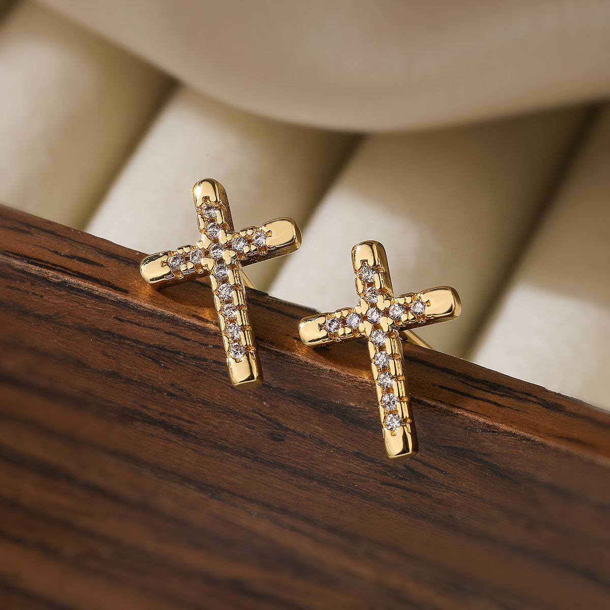 Minimalist Geometric Cross Stud Earrings in Brass with 18K Gold Plating and Zircon Inlay for Women