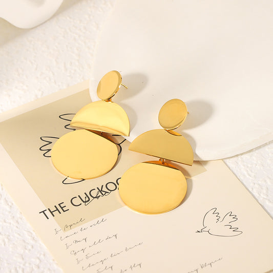 Geometric Round Stainless Steel Earrings with 18K Gold Plating for Women — Bold Metallic Statement Earrings