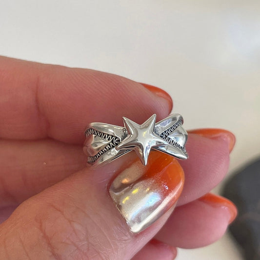 Anello da Donna Vintage Minimalista a Stella in Argento Sterling 925 con Fascia Aperta