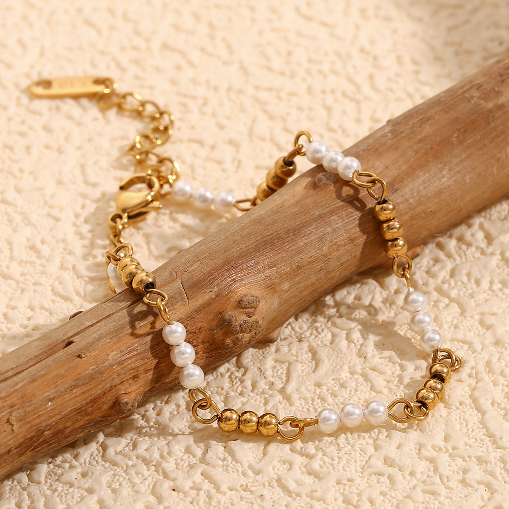 Fashionable Vintage-Inspired Geometric Beaded Bracelet for Women Made of Stainless Steel with 18K Gold Plating