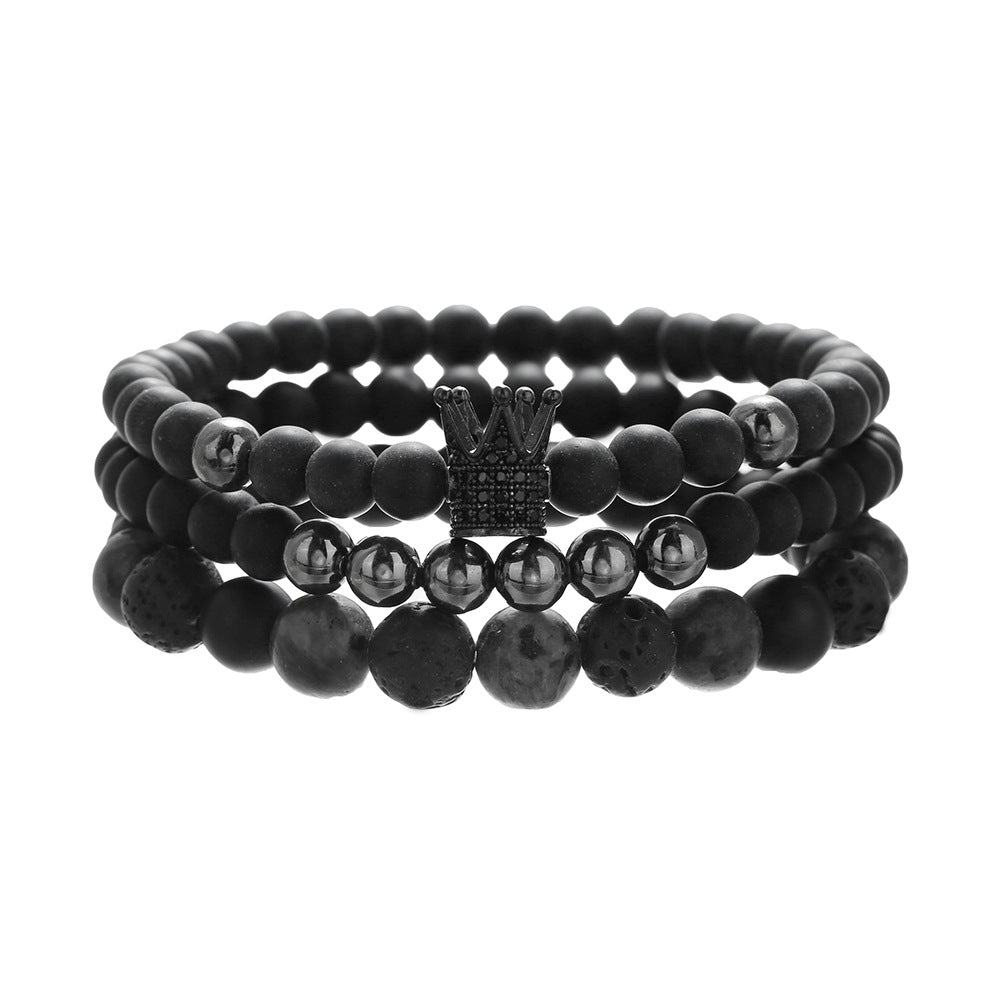 Sporty Crown Black Agate Beaded Bracelet for Men and Women
