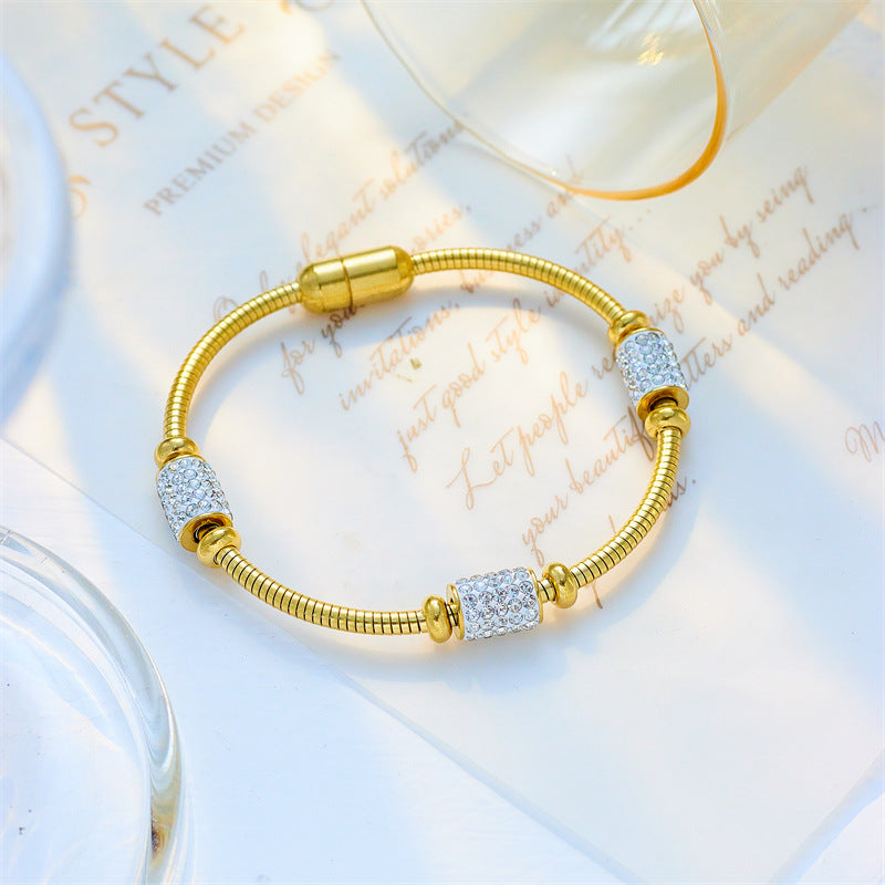 Creative Geometric Round Rhinestone Stainless Steel Bracelet with Magnetic Clasp