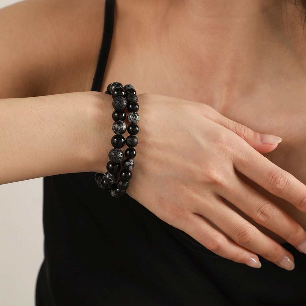 Vintage Ethnic Handmade Natural Volcanic Stone Snowflake Stone Beaded Bracelet Unisex 10mm 8mm Elastic
