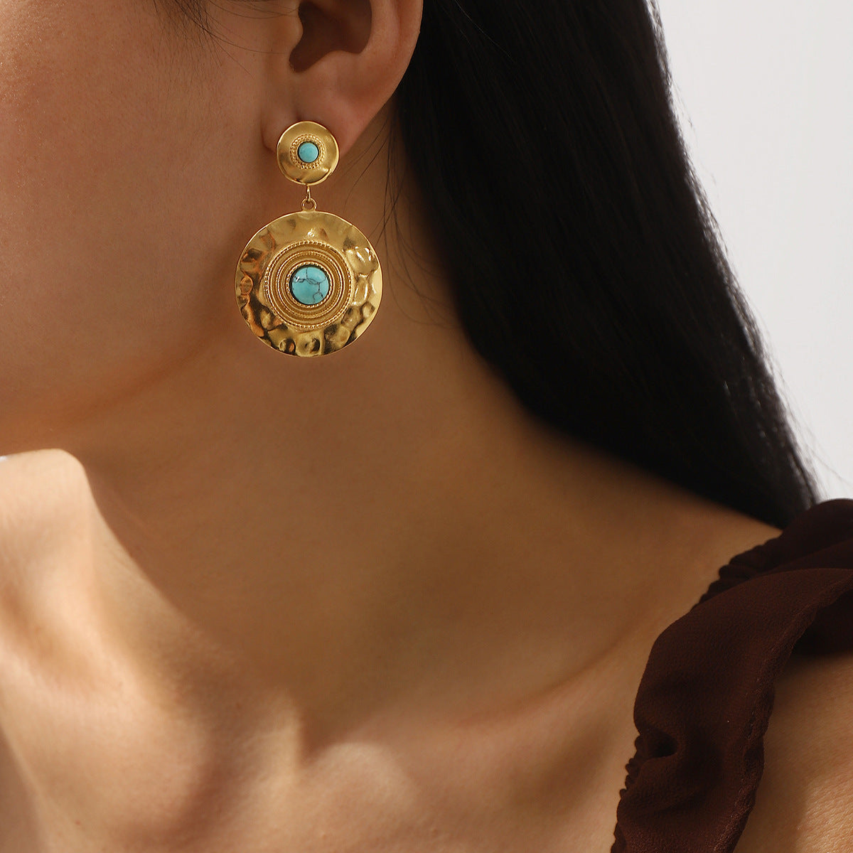Pendientes de Acero Inoxidable Geométricos Vintage con Incrustaciones de Turquesa y Acabado Chapado