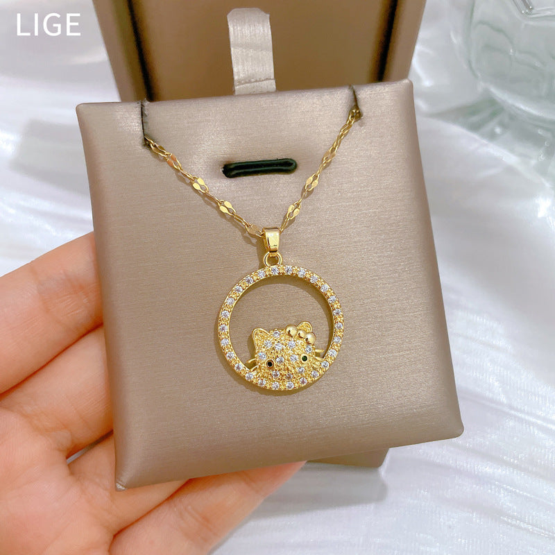 Collana girocollo minimalista a cerchio con ciondolo a forma di gatto per uomo e donna in acciaio al titanio con strass e catena delicata