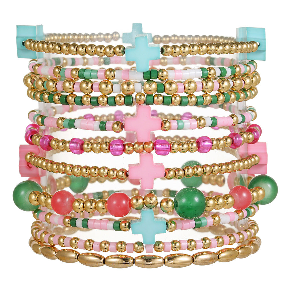 Colorful Seed Bead and Soft Pottery Cross Bracelet Handmade Multi-Layer Stacked Beach Jewelry for Women and Men