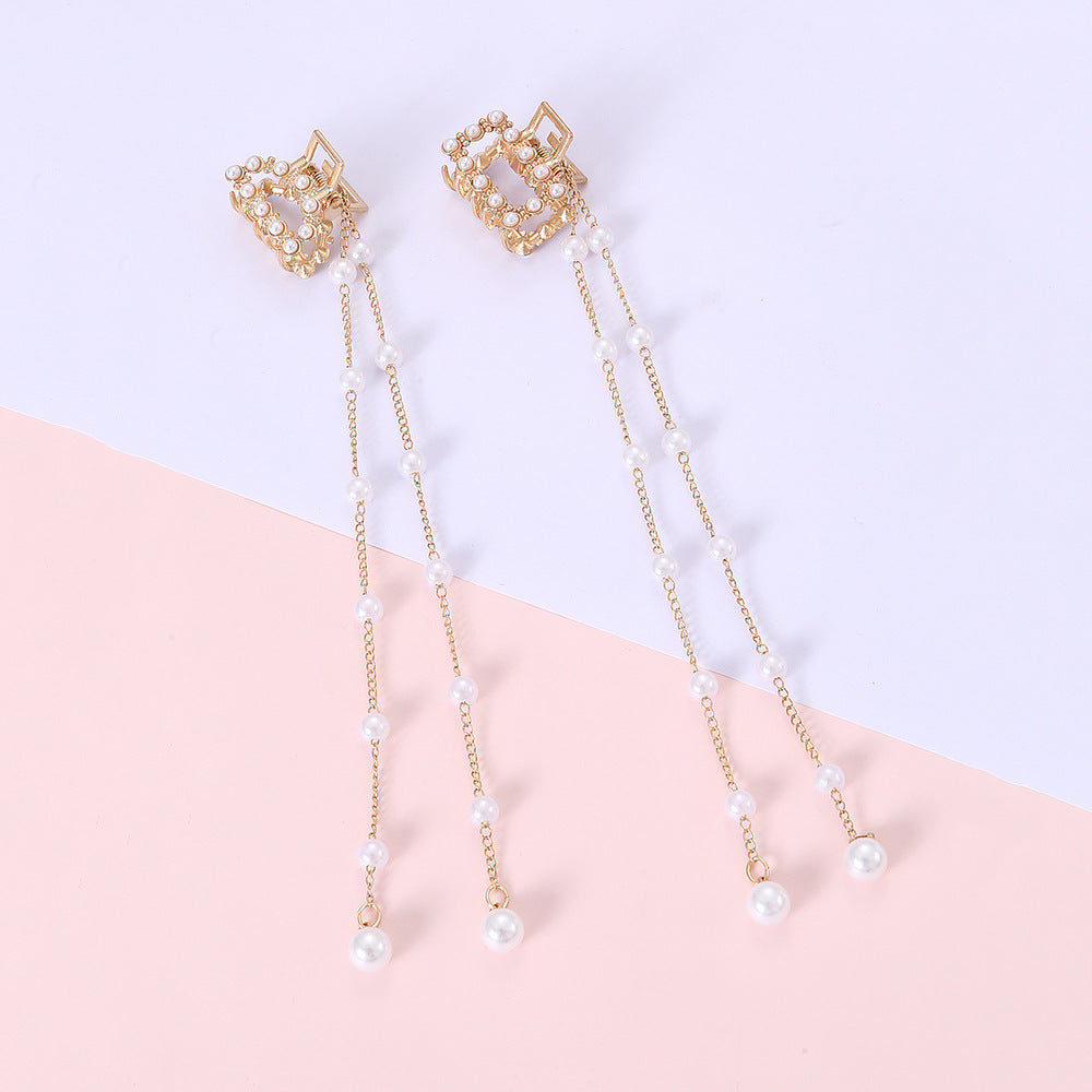 Sweet Elegant Asymmetrical Pearl Hair Clip with Tassel Metallic Hair Accessory for Girls