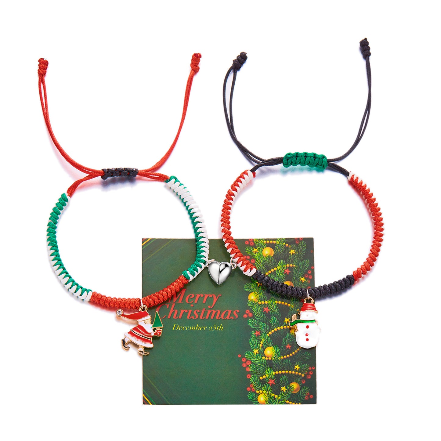 Adjustable Magnetic Clasp Bracelet with Santa Claus and Christmas Tree Charms, Handwoven Alloy Bracelet for Couples, Festive Holiday Jewelry