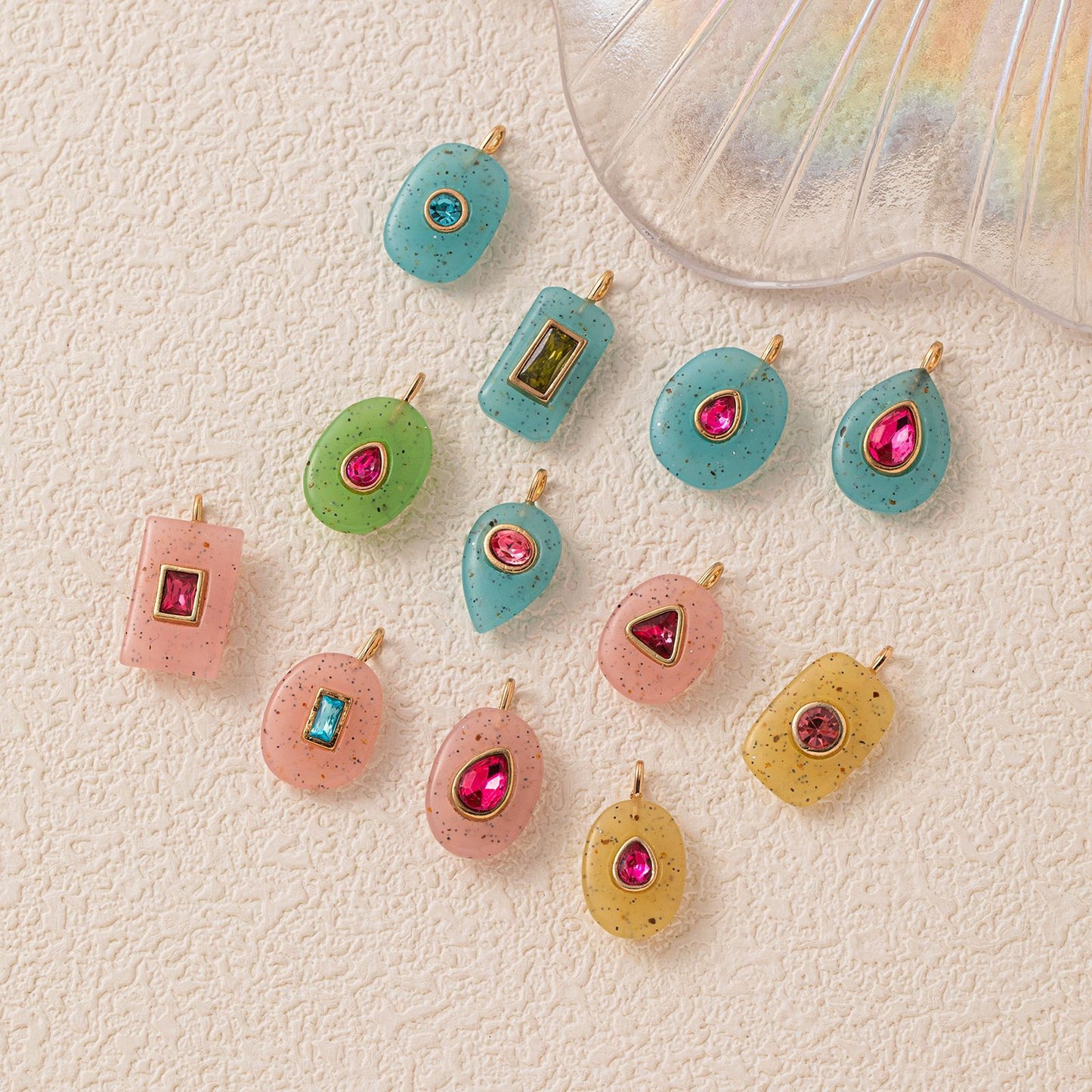 Colorful Birthstone Cubic Zirconia Round Square Glass DIY Charm Bar Gold Plated Brass Pendant