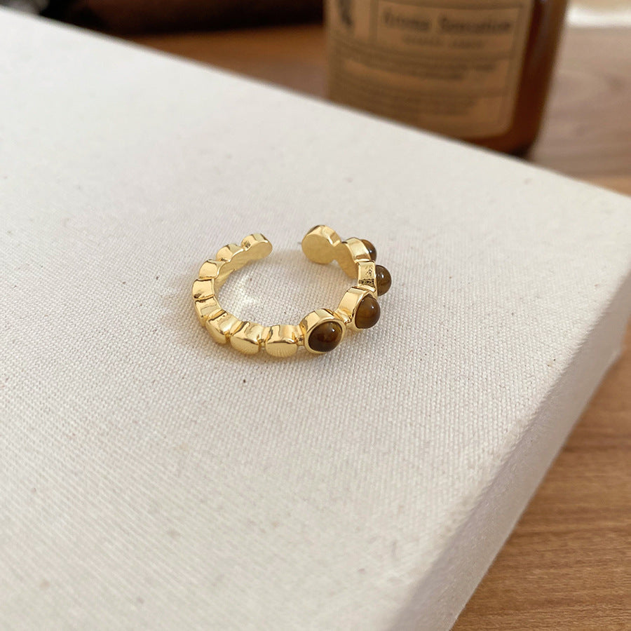 Anello in Occhio di Tigre Geometrico Stile Malaard con Intarsio in Zirconi per Donna, Anello da Dito Regolabile Lusso Minimalista