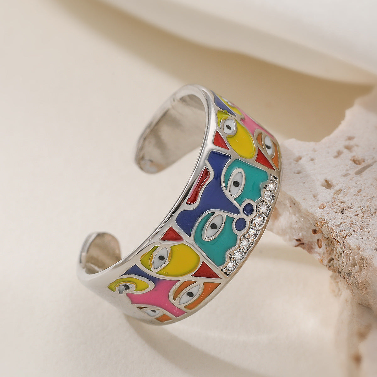 Minimalist 18K Gold Plated Brass Geometric Abstract Drip Oil Cubic Zirconia Inlay Open Ring for Women