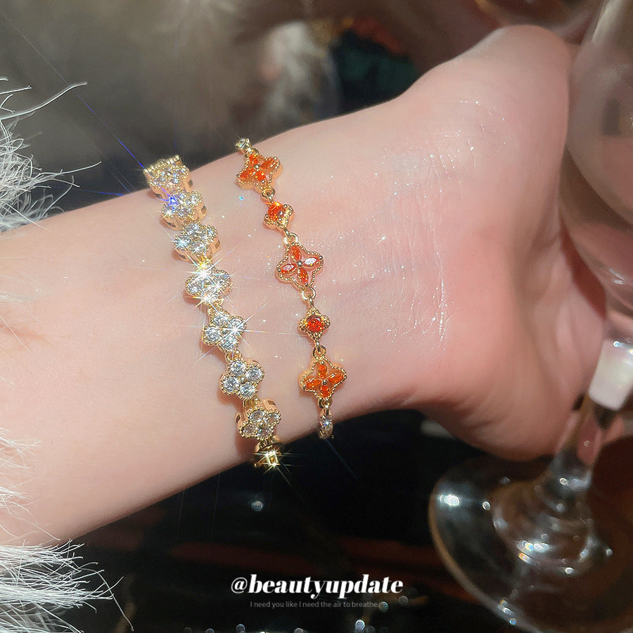 Elegant Floral Bracelet for Women with 18K Gold Plating and Zircon Inlay, Vintage-Inspired Luxury Hand Jewelry