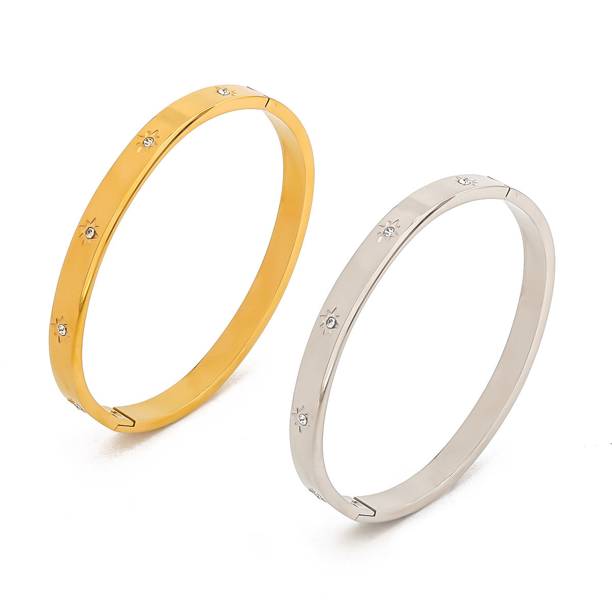 Geometric Eight-Pointed Star Rhinestone-Set Titanium Steel Bracelet with 18K Gold Plating for Men and Women
