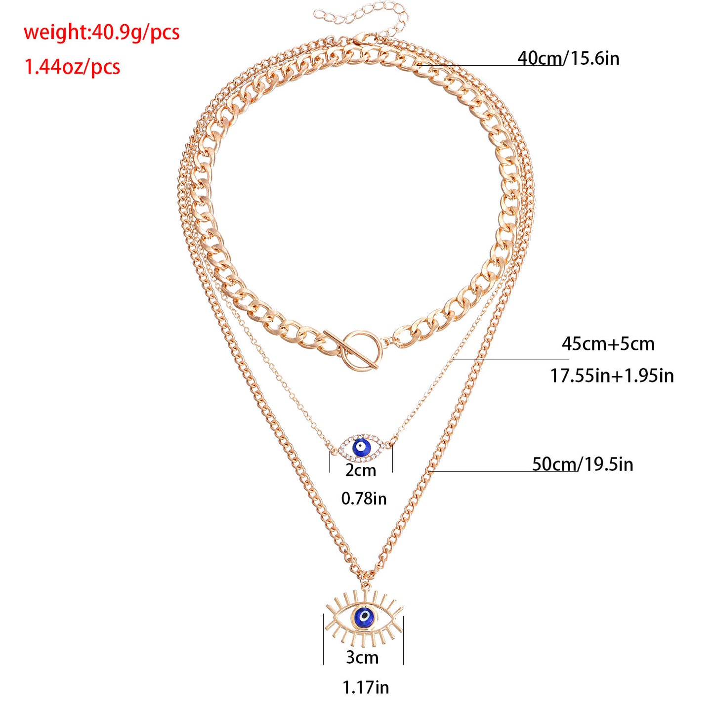 Geometric Blue Evil Eye Pendant Necklace for Women with Alloy Body and Rhinestone Inlay, Plated Finish, Clavicle Chain