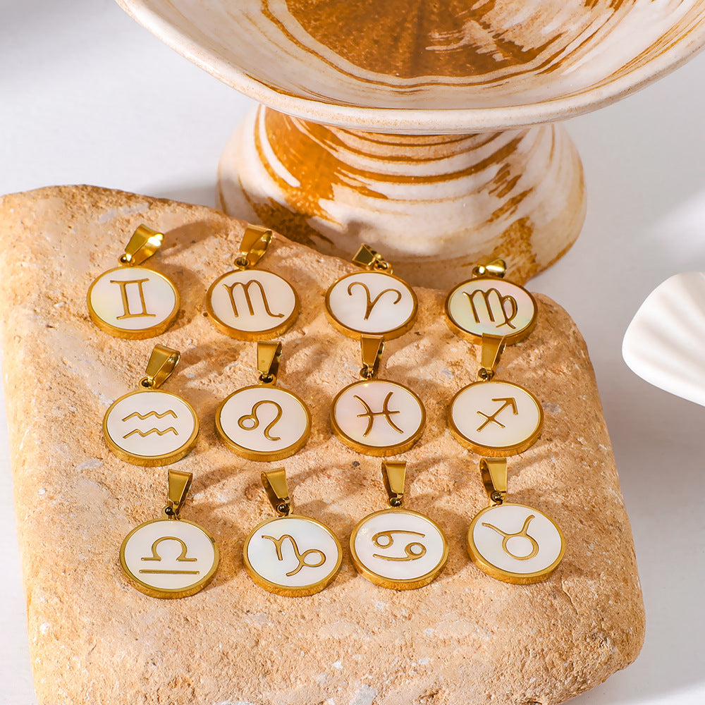 Minimalist Zodiac Pendant Necklace for Women Stainless Steel with 18K Gold Plating and White Abalone Inlay