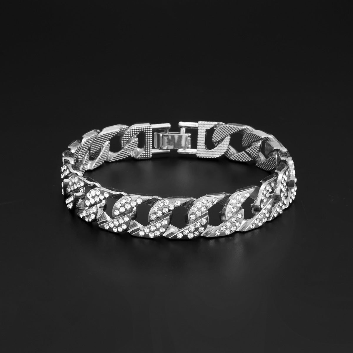 Vintage Punk Hip-hop Geometric Rhinestone Inlay Alloy Cuban Link Chain Bracelet for Women