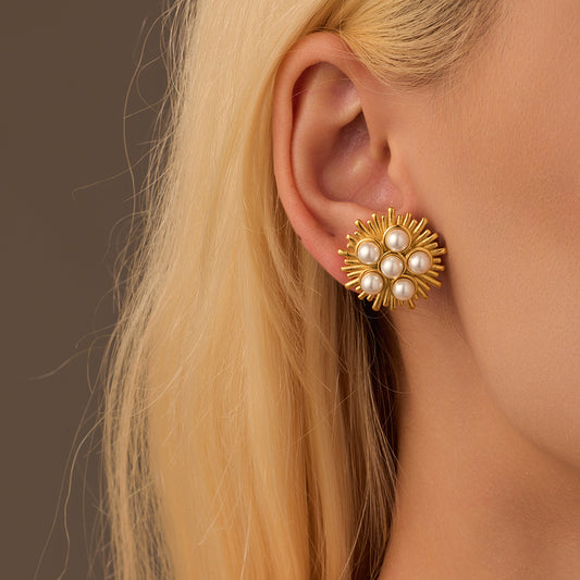 Vintage French-Style Irregular Line Pearl-Inlaid Titanium Steel Stud Earrings for Women with Plated Finish