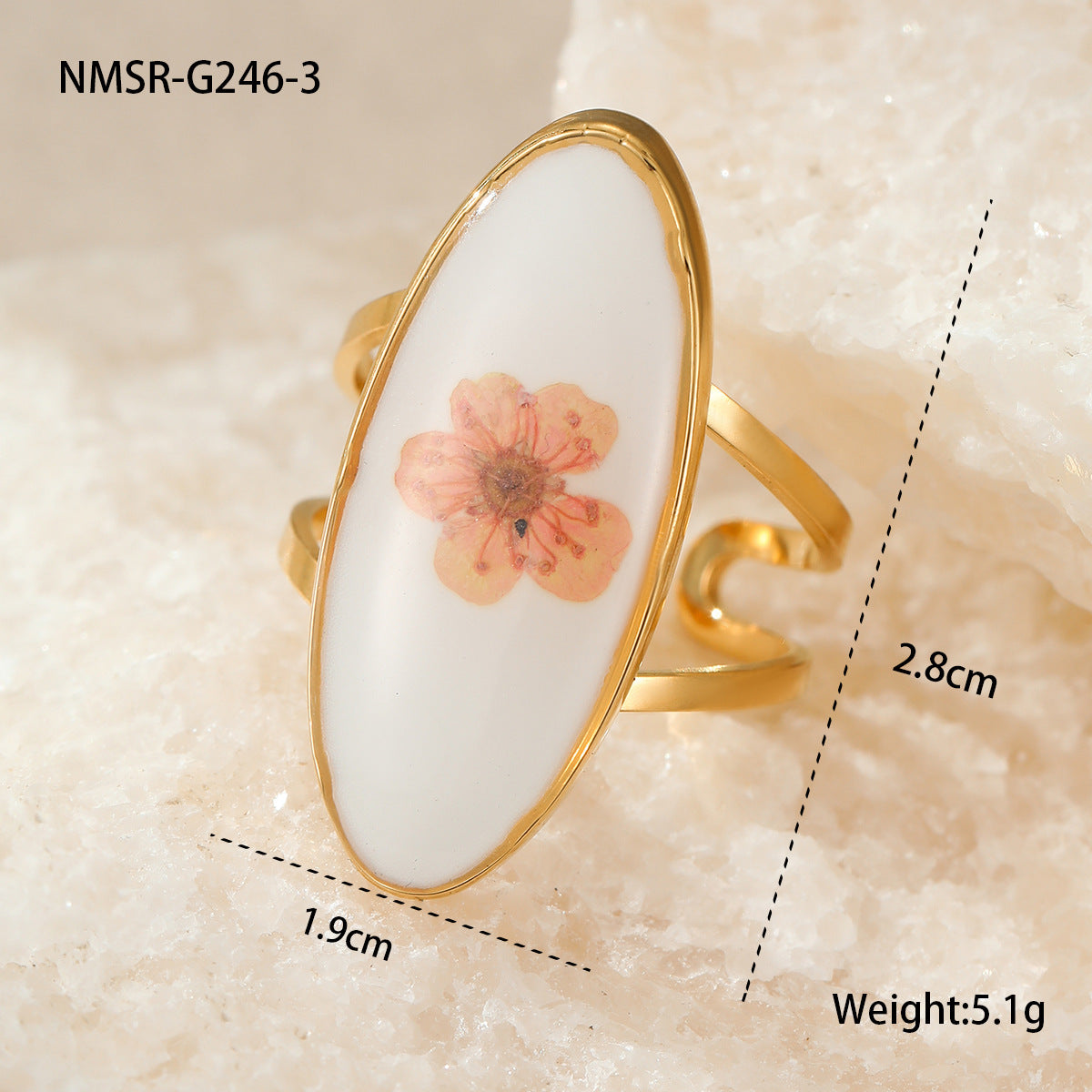 Light Luxury Floral-Shaped Stainless Steel Ring for Women with Epoxy Resin Preserved Flowers and Plated Finish