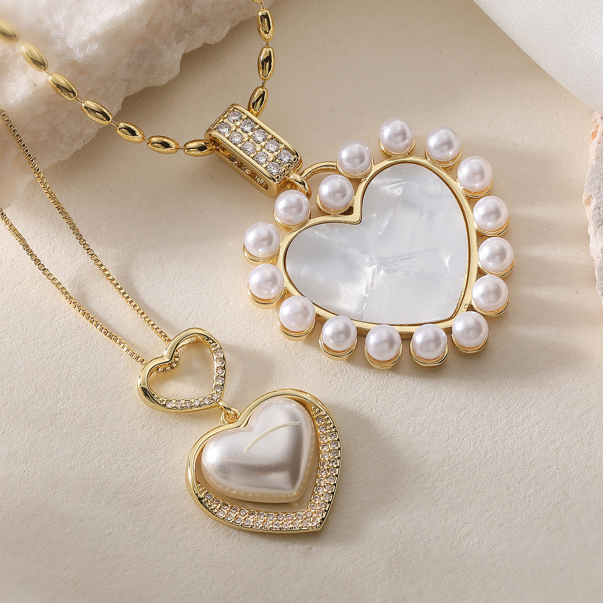 Minimalist 18K Gold Plated Brass Heart Necklace with Cubic Zirconia and White Shell Pearl for Women