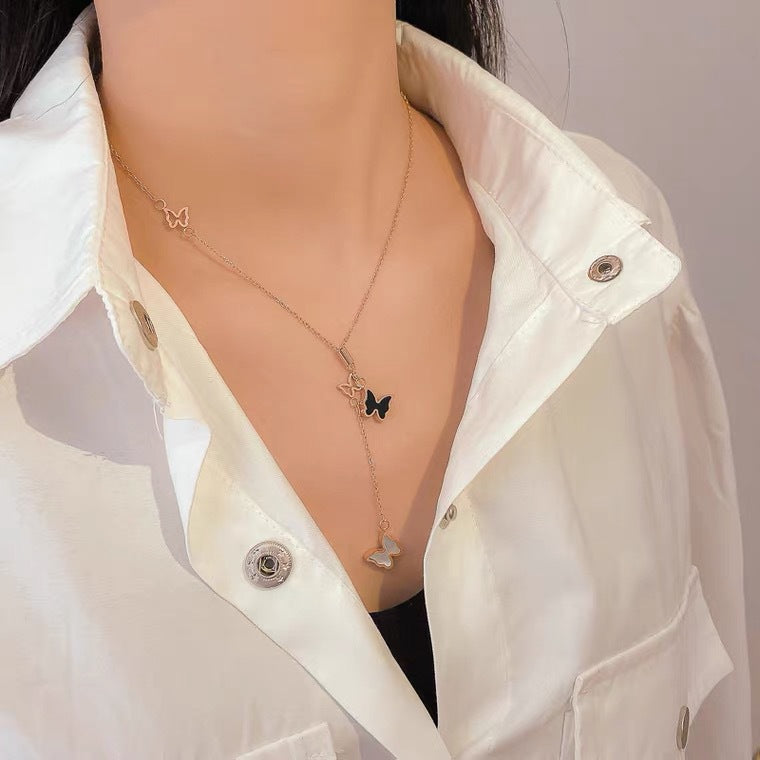 Adjustable Black and White Double-Sided Butterfly Pendant Necklace for Women in Titanium Steel with O-Chain Minimalist Sweet Elegant Clavicle Design