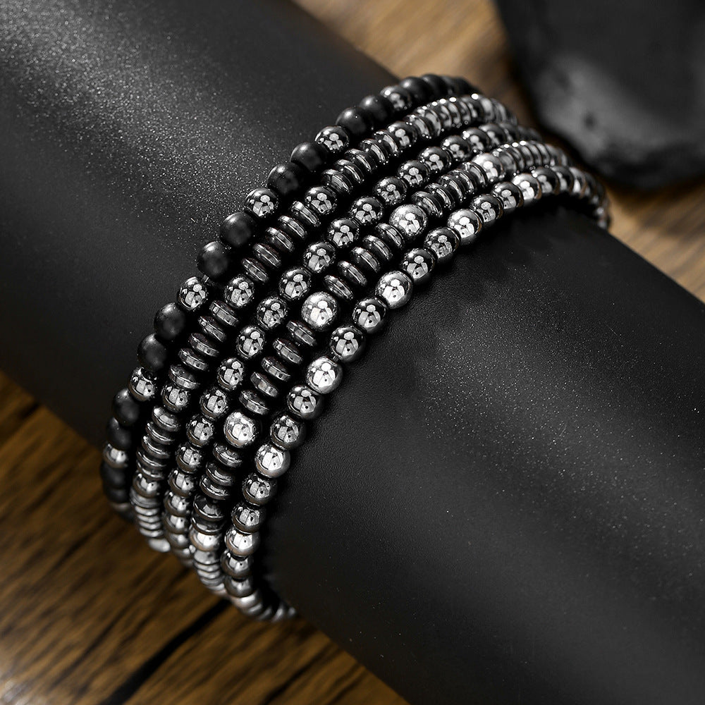 Geometric Black Hematite Beaded Bracelet Set for Couples Handmade Elastic Beach Style Hip Hop Jewelry