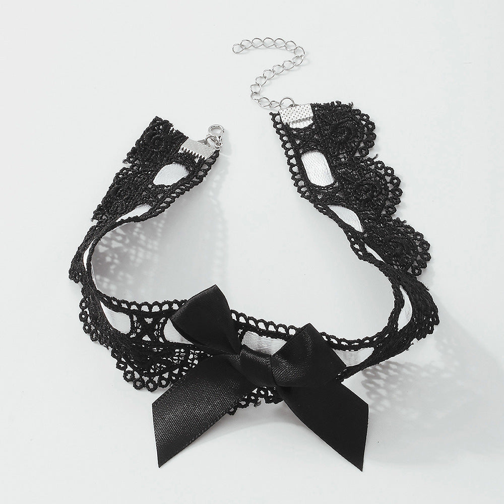 Collar corto minimalista con lazo de encaje, base de aleación y detalle de tela para mujer