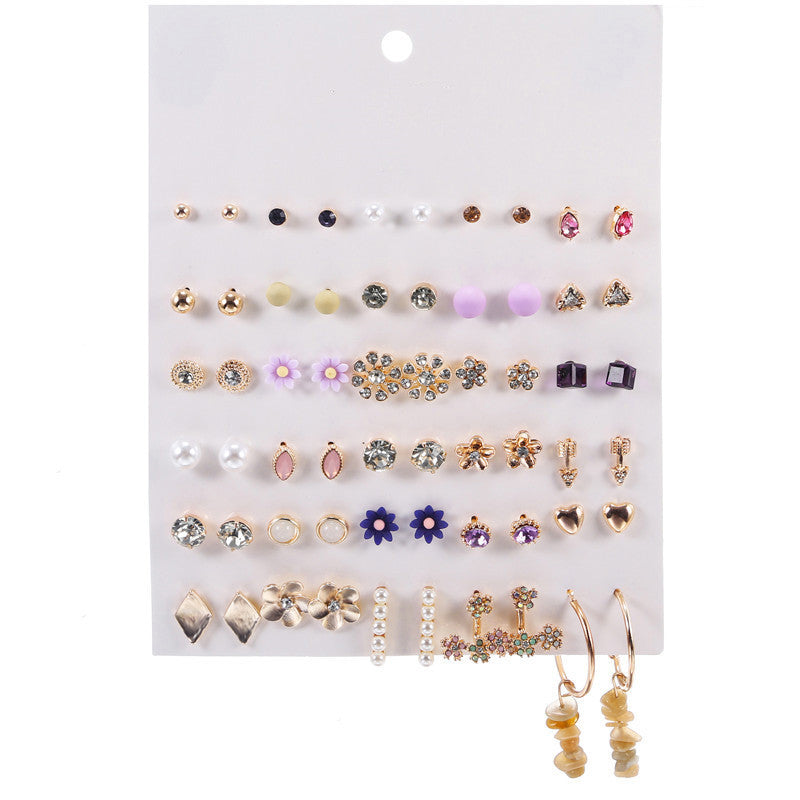 Geometric Asymmetric Micro-inlay Cubic Zirconia and Pearl Titanium Steel Earrings Set with Bow Design