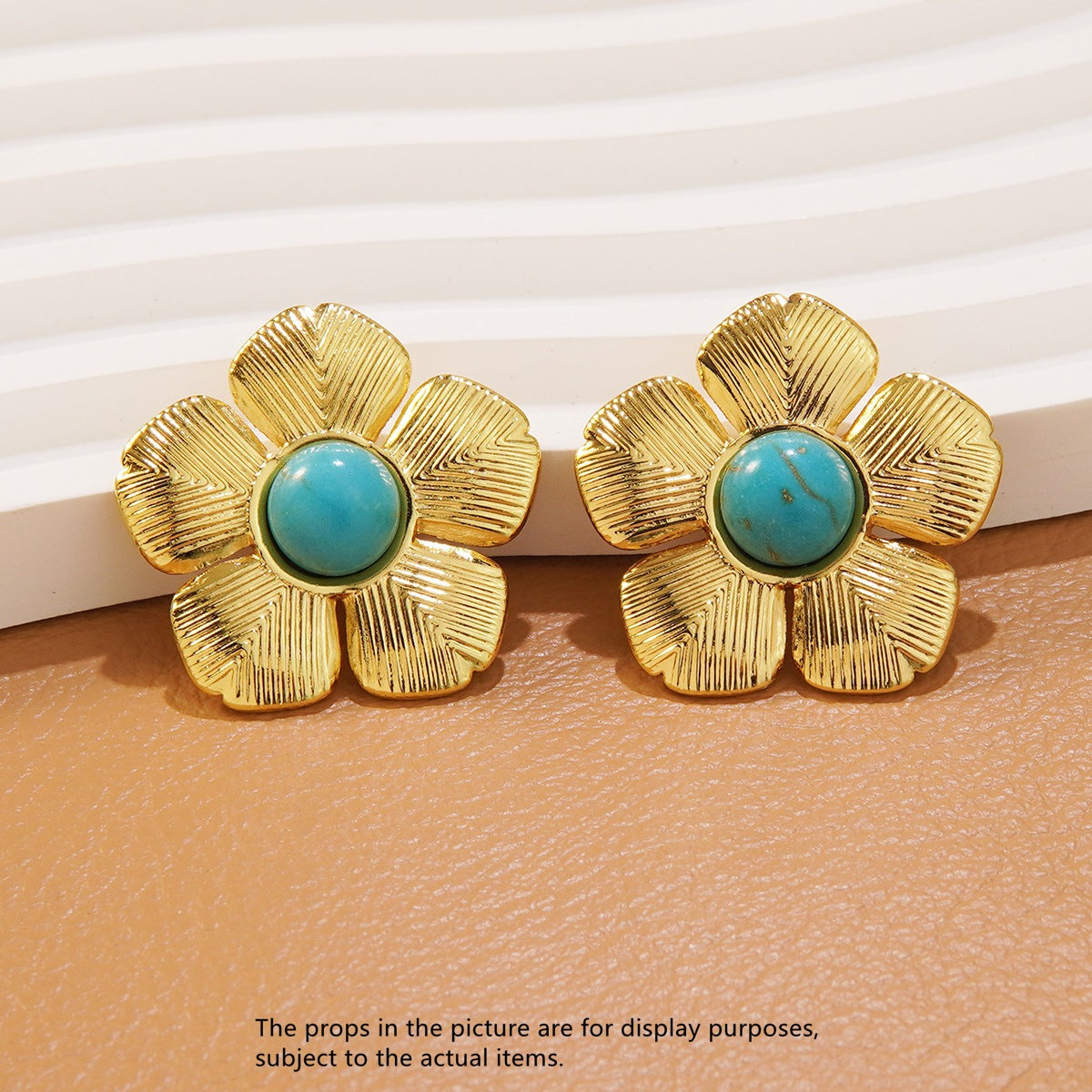 Statement Gold Plated Stainless Steel Floral Stud Earrings with Resin Turquoise Inlay
