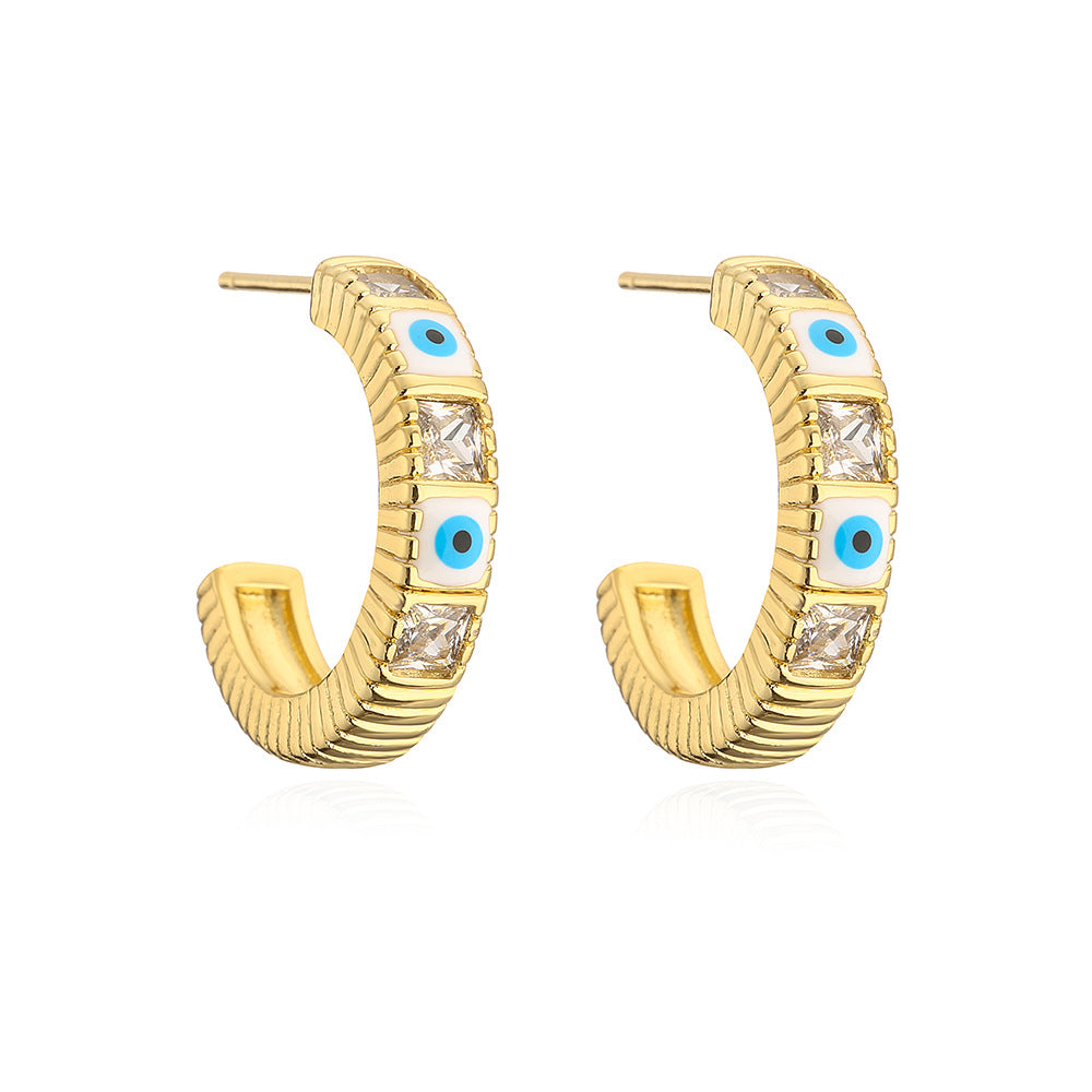 Vintage Geometric Eye-Shaped Copper Earrings with Gold Plating and Enamel Detail for Women