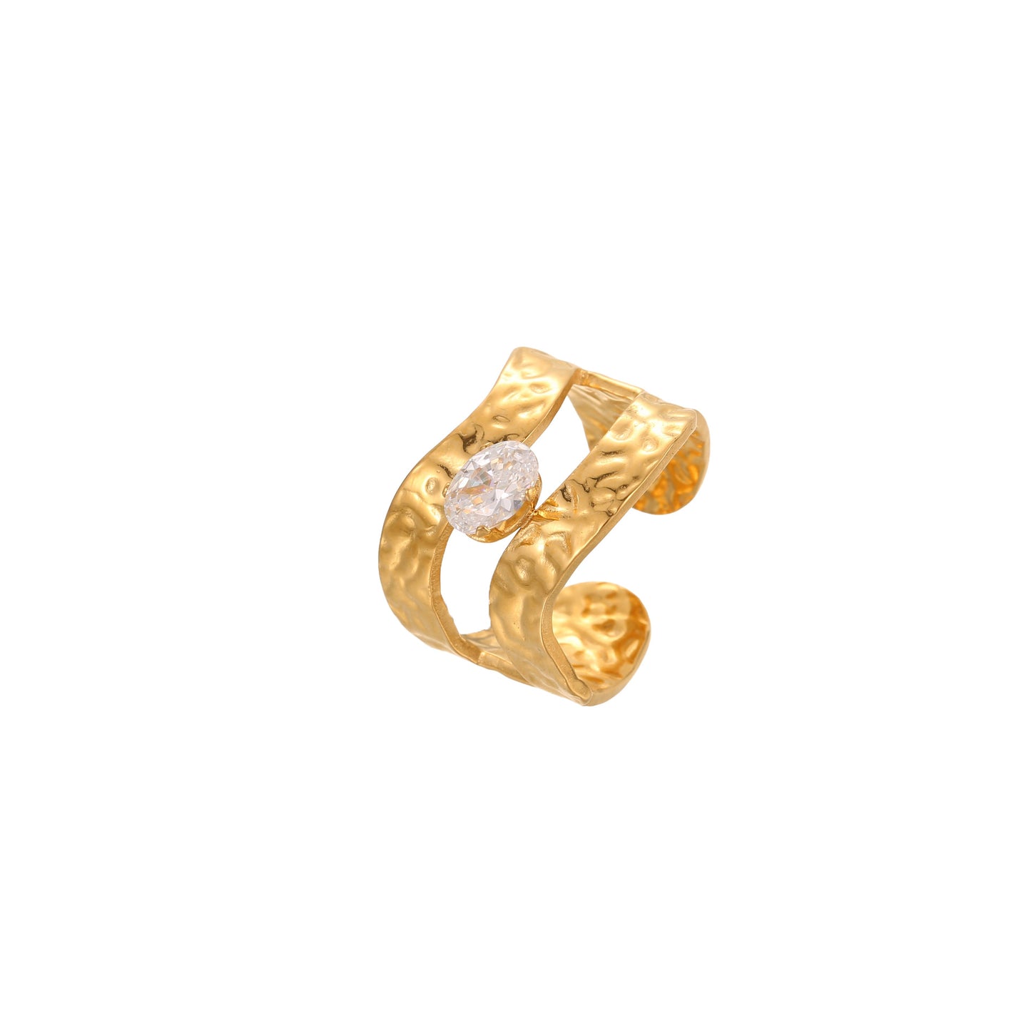Anello minimalista irregolare geometrico in acciaio al titanio con intarsio di zirconi e placcatura in oro 18 carati per donna