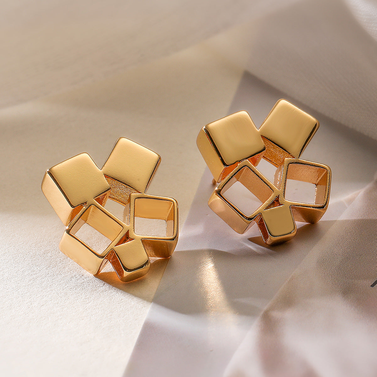 Vintage Geometric Copper Earrings for Women with Gold Plating Unique Irregular Design Fashion Statement Studs