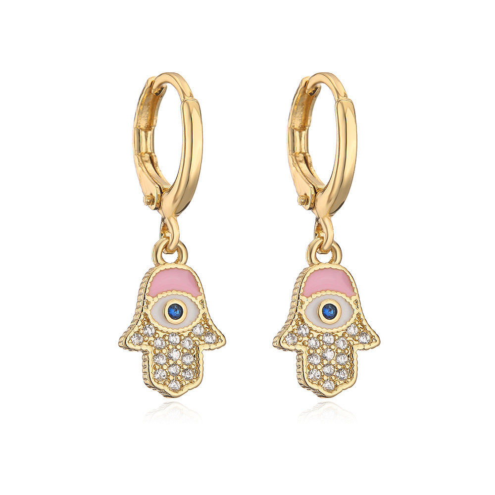 Vintage-Style Geometric Copper Earrings with 18K Gold Plating and Enamel Finish Featuring Hand and Eye Motifs for Women