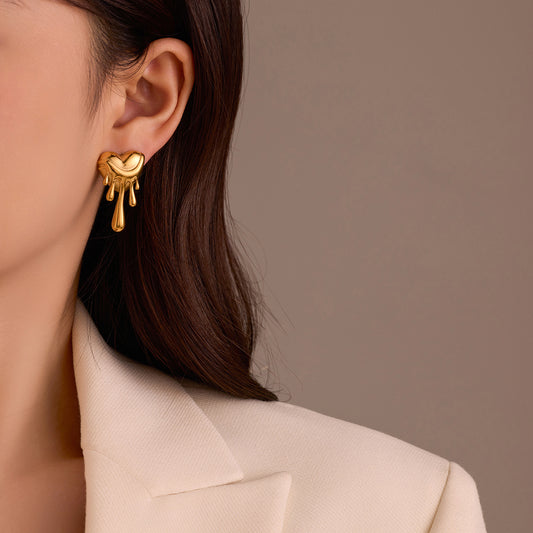 Vintage Heart-Shaped Stainless Steel Earrings with 18K Gold Plating for Women
