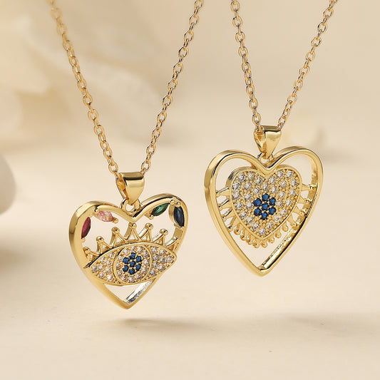 Minimalist Vintage Geometric Brass Gold Plated Cubic Zirconia Evil Eye Pendant Necklace for Women