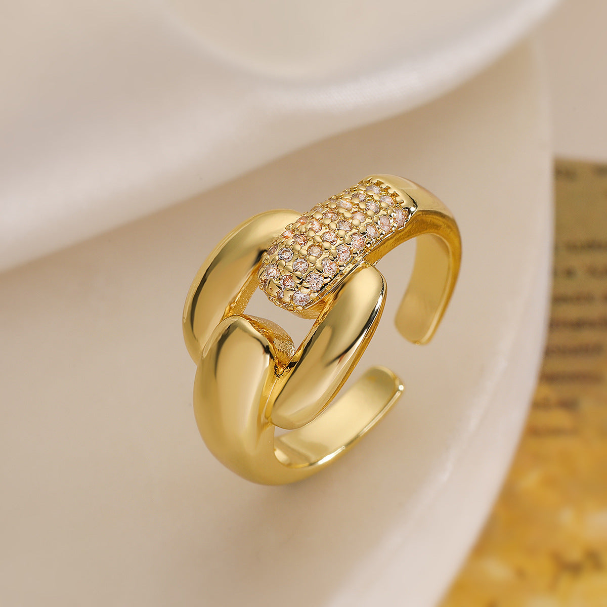Minimalist Geometric Open Ring for Women in Copper with 18K Gold Plating and Zircon Inlay