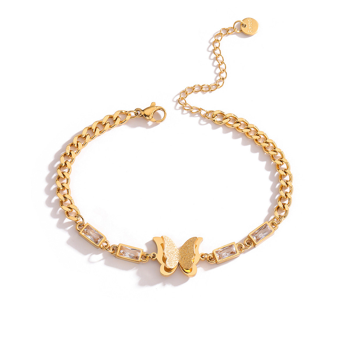 Bracciale da donna in acciaio al titanio con farfalla minimalista, placcatura in oro e intarsio di zirconi