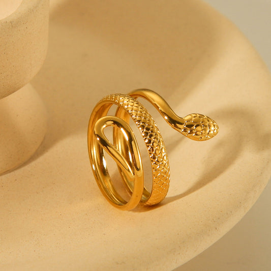 Trendy 18K Gold Plated Stainless Steel Snake Open Ring for Women