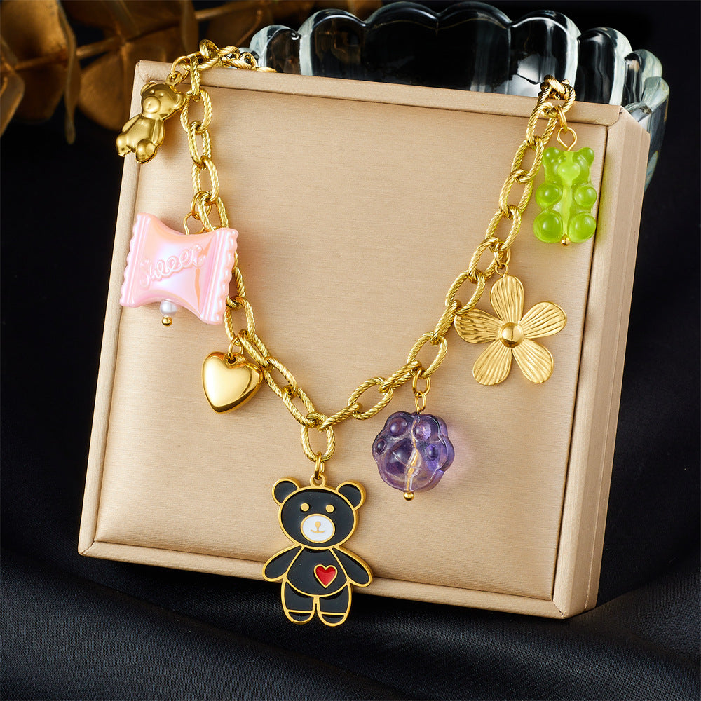 Casual Cartoon Floral Heart Animal Drip Oil Gold Plated Stainless Steel Pendant Necklace with Cable Chain