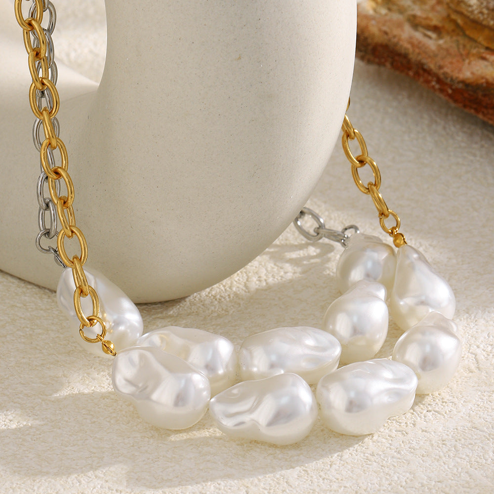 Collana da donna con ciondolo a perla barocca in acciaio inossidabile placcato oro 18 carati con catena a maglie, design geometrico minimalista e lussuoso