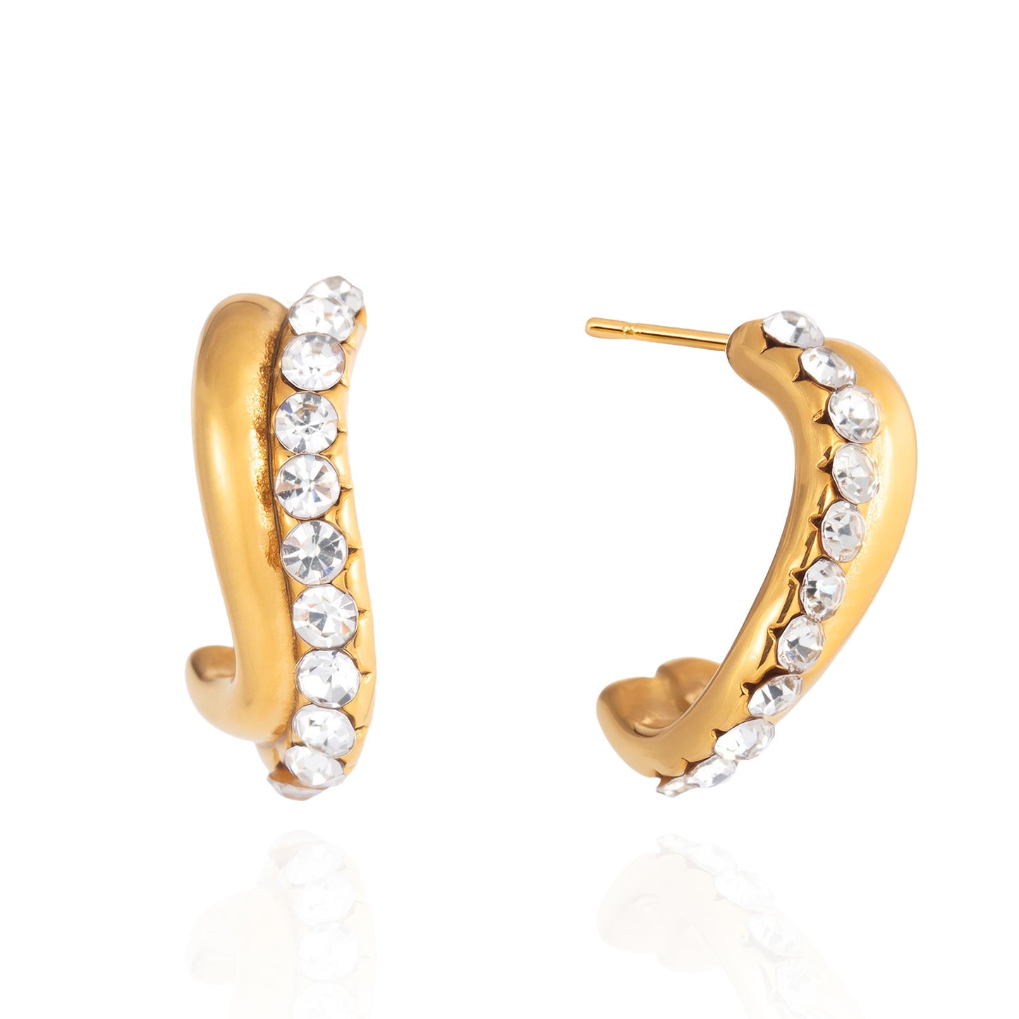 Minimalist Luxury Geometric Wave Stainless Steel PVD Gold Plated Rhinestone C-Hoop Earrings for Women