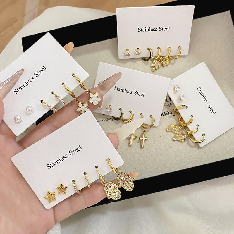 Minimalist Sweet Micro-set Diamond Plant Shape Brass Plated Earrings Set