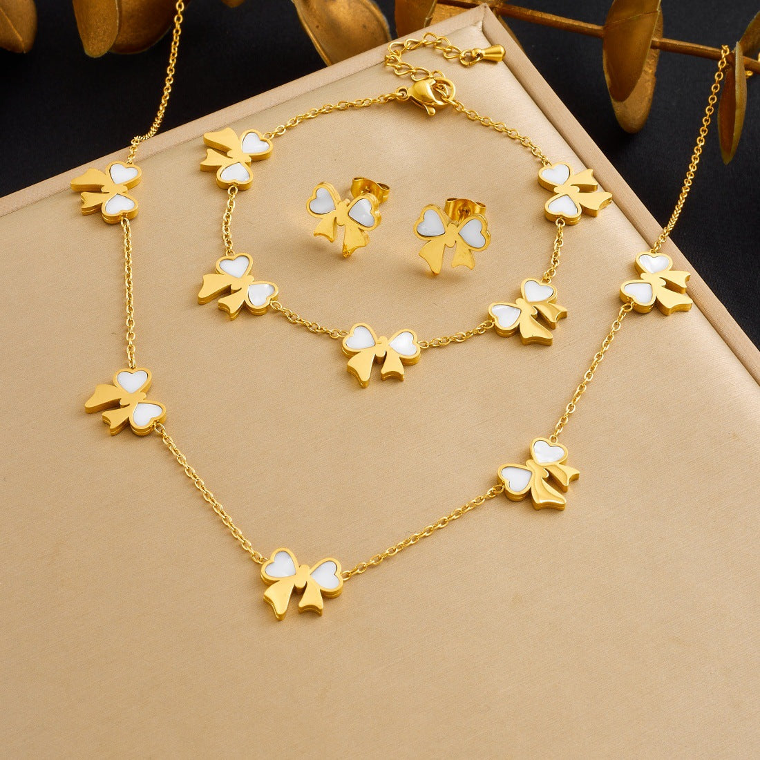 Fashion Gold Plated Stainless Steel Bow Pendant Necklace Earring Bracelet Set for Women