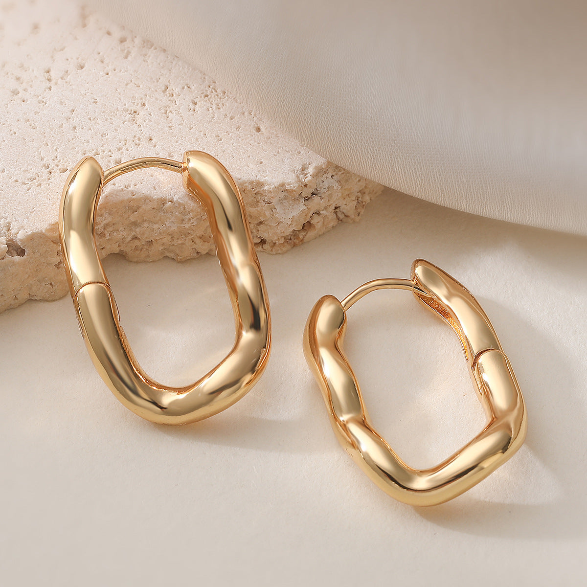 Casual Minimalist Geometric Gold Plated Brass Irregular Hoop Earrings for Women
