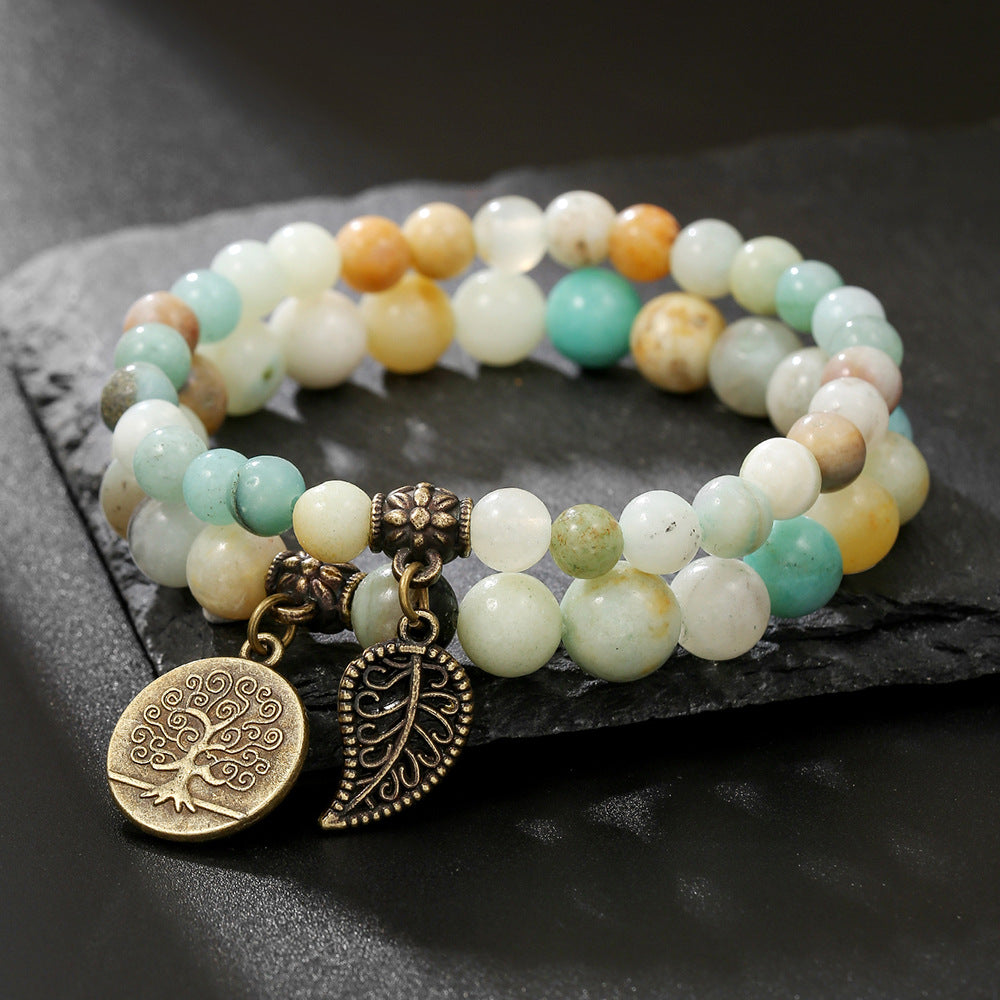 Minimalist Men's 6mm 8mm Round Stone Beaded Bracelet with Alloy Tree of Life Pendant