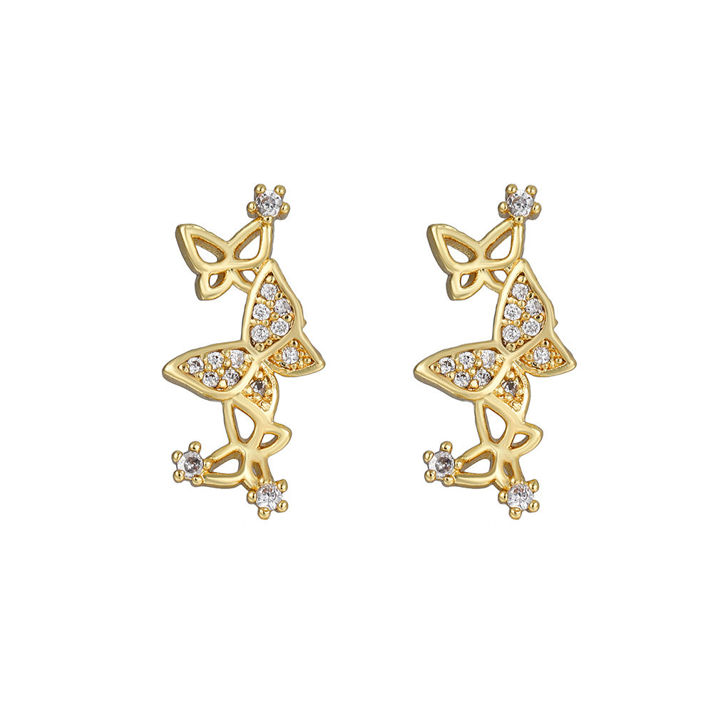 Vintage Sweet Butterfly Geometric Gold Plated Brass Stud Earrings with Cubic Zirconia