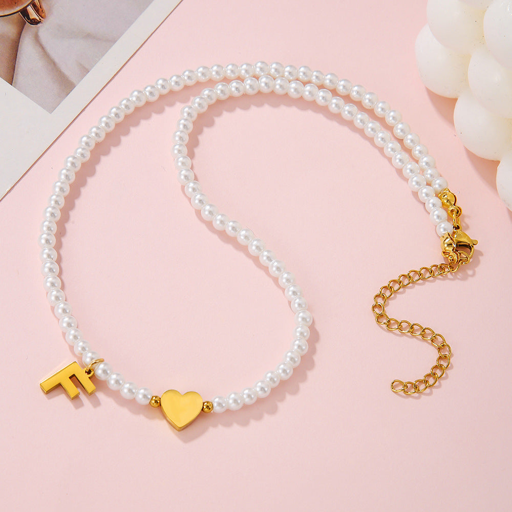 Minimalist Letter Heart Stainless Steel Pearl Necklace Women Cable Chain